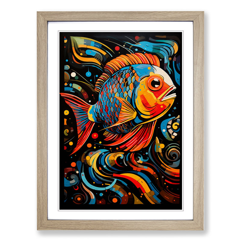 Fish Abstract - Single Picture Frame Print on Wood, Oak Framed, 34cm H x 25cm W