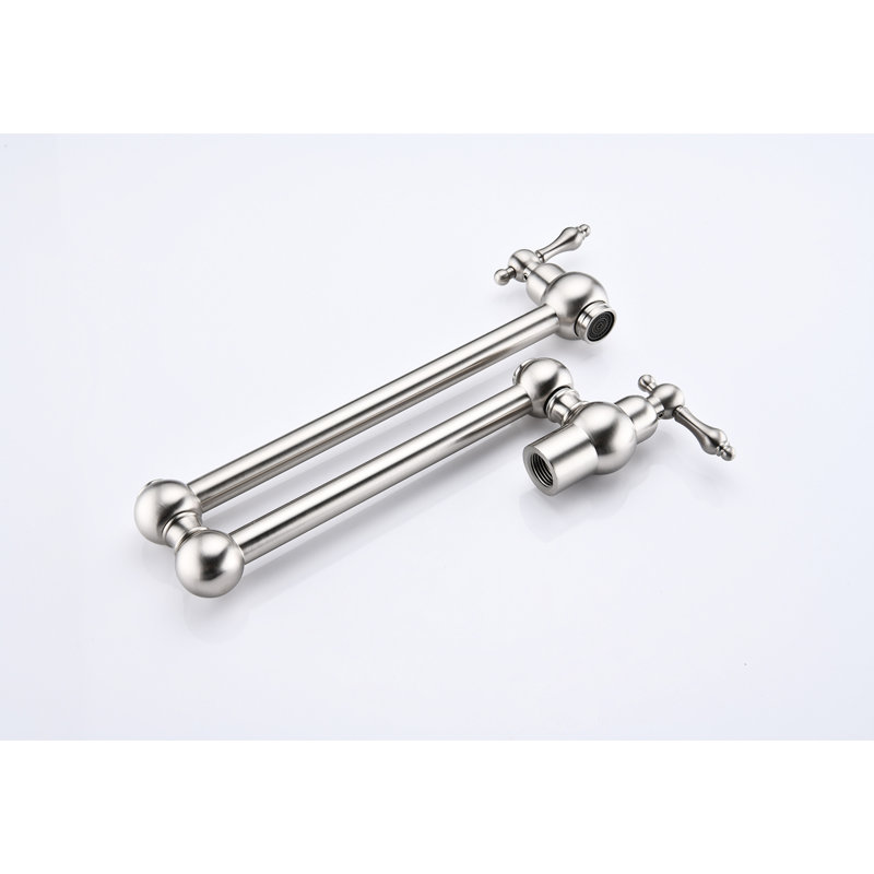 Wall Mount Folding Kitchen Pot Filler Faucet In Brushed Nickel, 360 Rotatable, Double Handles For Stable Water Discharge, Coating Nickel Faucet, With Foldable Arm, Rotation, Easy To Operate Handles,