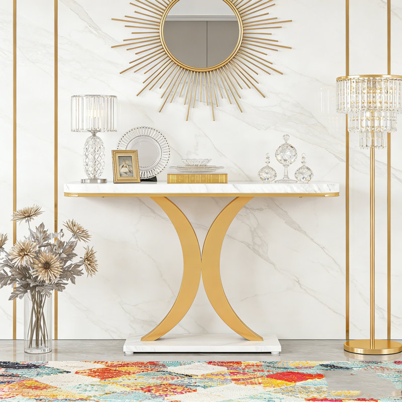 Narrow Entryway Foyer Table with Geometric Base, Faux Marble White/Gold