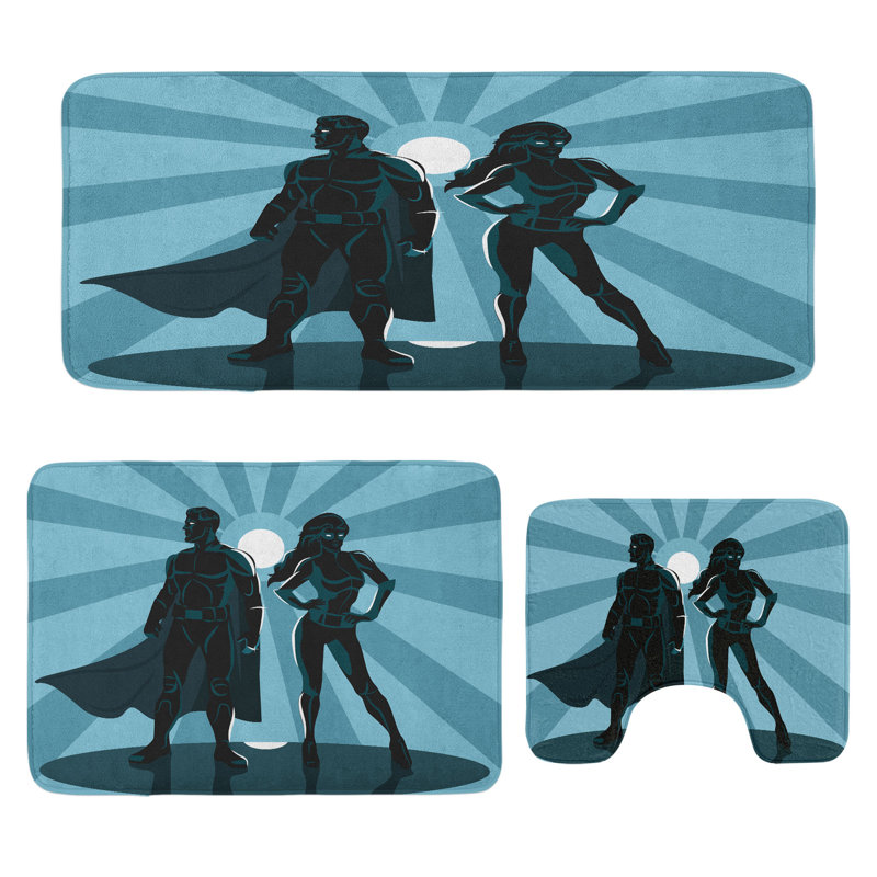  Ensemble de tapis de salle de bain Superhero 3 pièces en U et tapis rectangulaires bleu sarcelle