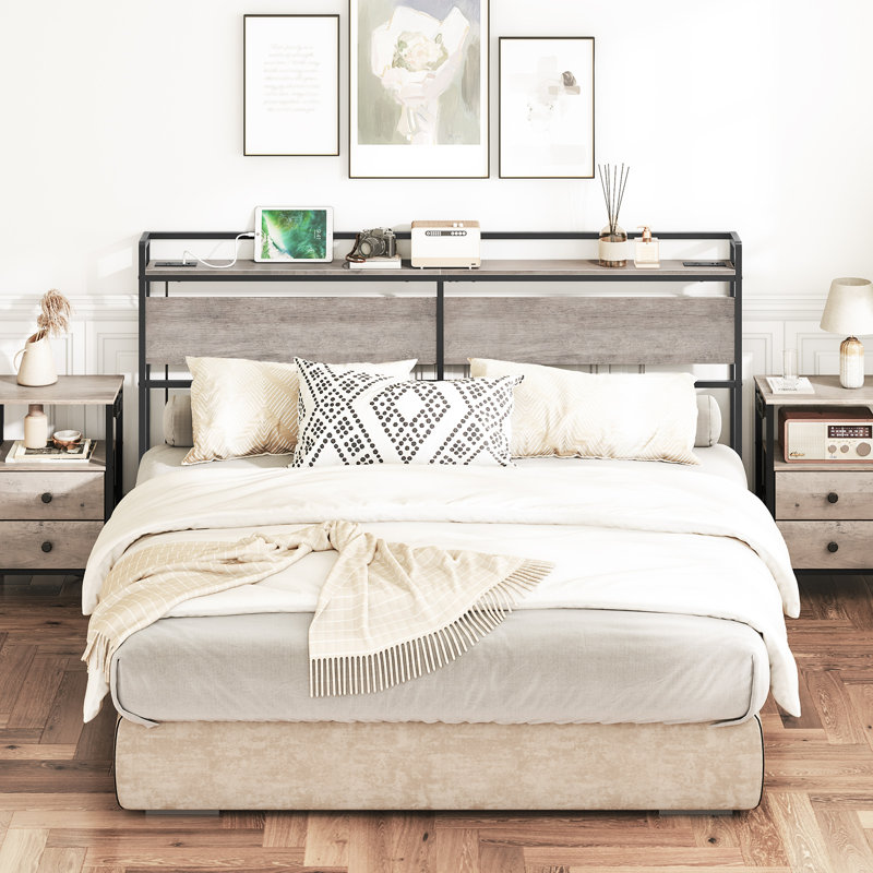 Morano 39.9"H Metal Headboard with Charging Station, King, Light Gray/Black