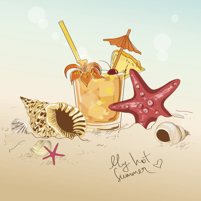 Illustration With Seashells, Starfish And Cocktail - Wrapped Canvas Print