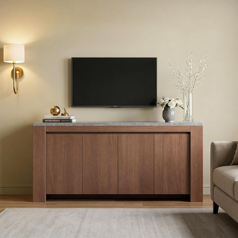 Sideboard Buffet Cabinet With 4 Doors & 5 Storage Spaces, 63" Coffee Bar Cabinet With Faux Marble Top, Modern Kitchen Storage Cabinet For Living Room Dining Room, Walnut