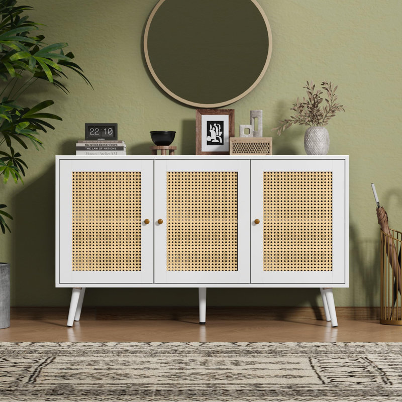 47.2" Rattan Sideboard with Adjustable Shelves for Kitchen, Living Room, Entryway, White