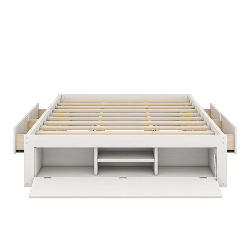 Lit plateforme contemporain avec mécanisme de levage de pied de lit et système de tiroir intégré, Blanc antique