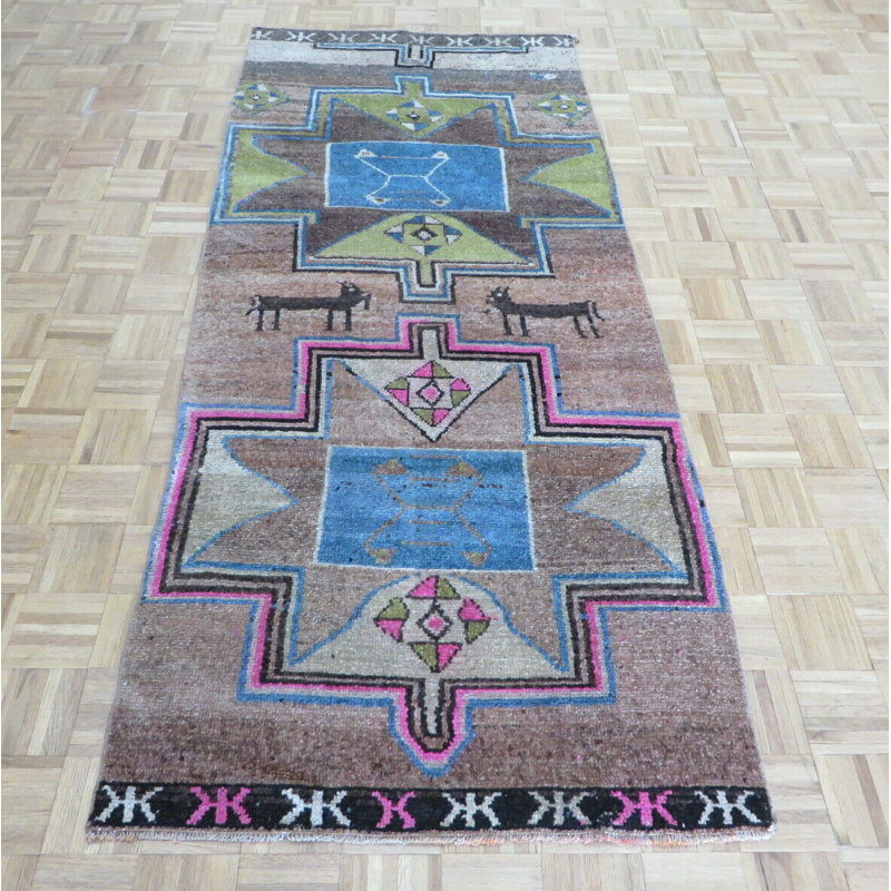 Tapis de couloir en laine noué à la main brun/bleu 3 pi 7 po x 8 pi 8 po Corentin Tapis décoratif
