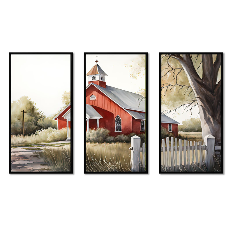 «Church In Country Town VI», ensemble d'art mural sur toile, H 32 po x l 48 po x P 1 po, Cadre noir