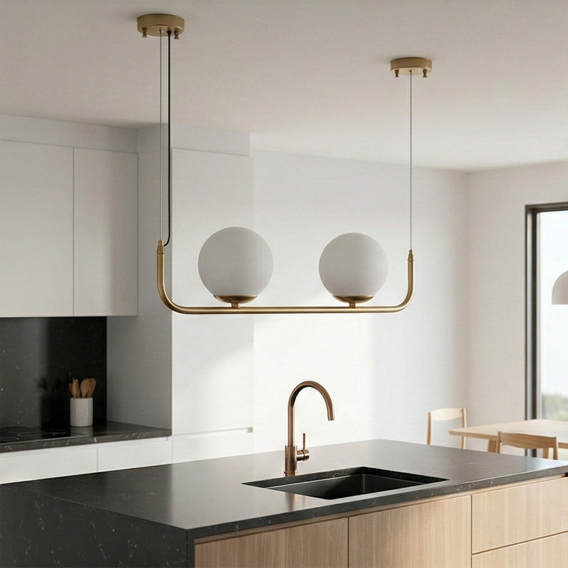 Luminaire suspendu moderne à 2 lumières avec abat-jour sphériques blanc - hauteur réglable, Doré