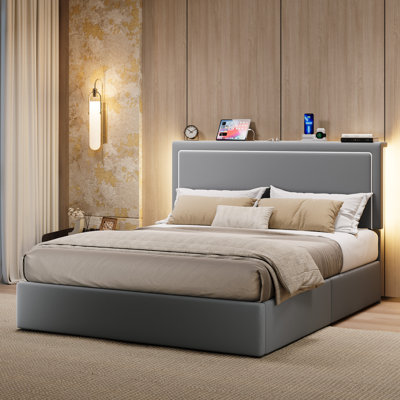 Modern Velvet Upholstered Platform Bed With LED Headboard, Built-In Charging Station, And Lift Under-Bed Storage