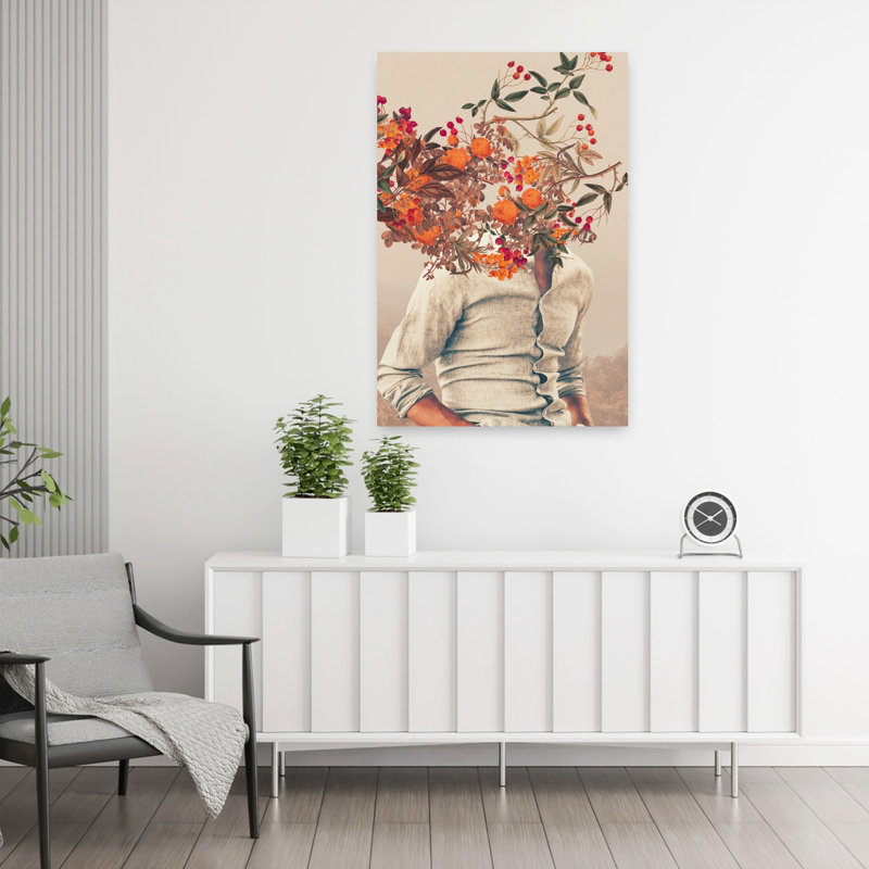 Art contemporain, paysage rétro d'automne rétro, rose surréel, H 36 po x l 24 po