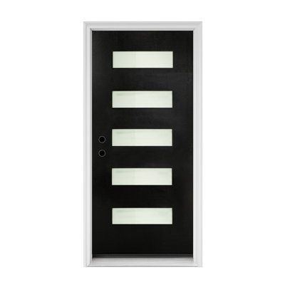 Porte d'entrée en fibre de verre noire 36 po x 80 po avec moulure de brique, verre givré, ouverture à droite