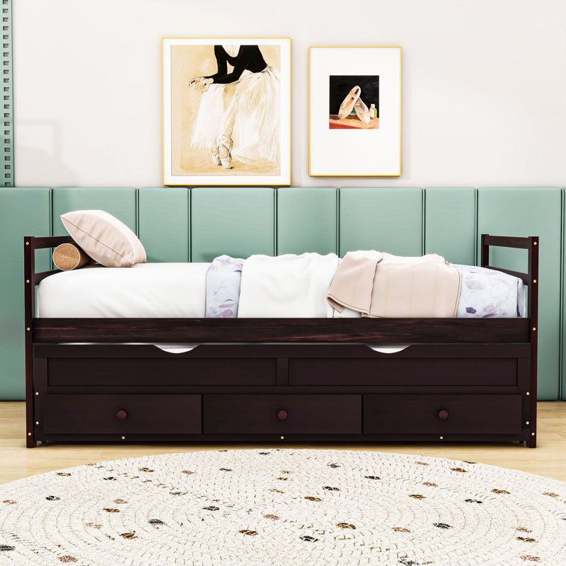 Twin Size Bed with Pull-Out Twin Trundle and Storage Drawers, Espresso