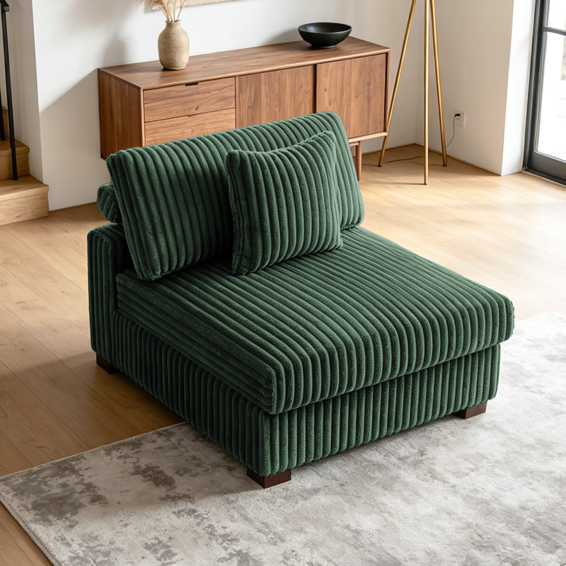 Upholstered Green Faux Rabbit Fur Flannel Armless Chair with Pillow Back, Single Chair Module Part For Sectional Sofa, Green