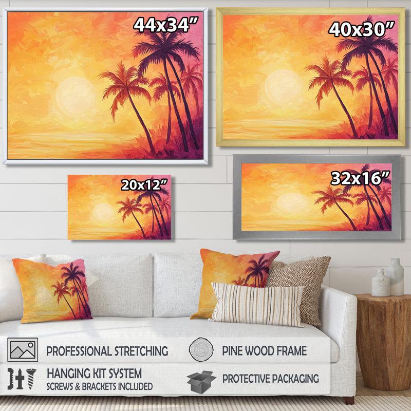 Coucher de soleil Oasis Palm Trees II - Décoration murale palmiers, 12" H x 20" W, Reproduction avec cadre flottant, Brun