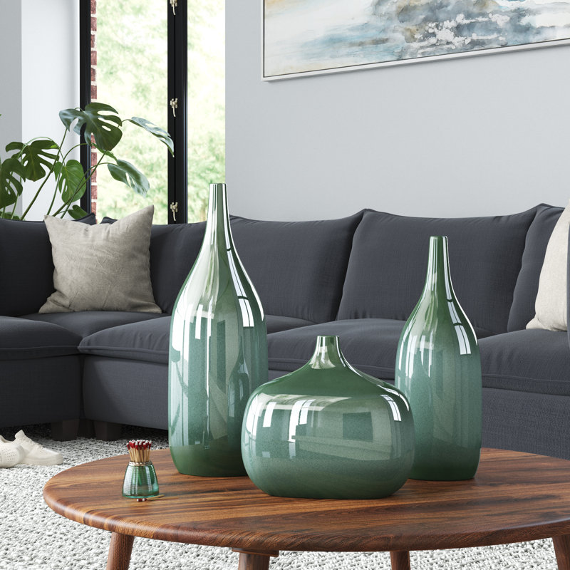 Weedman 3-Piece Set of Ceramic Table Vases, Dark Green/Teal
