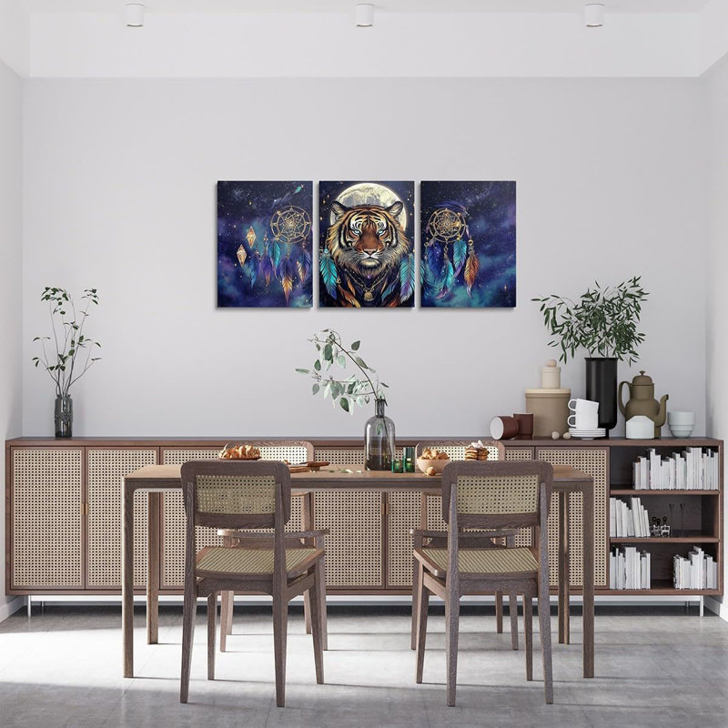 Wildlife Tiger Canvas Wall Art Set of 3,Tribal Boho Dream Catcher Pictures Wall Decor for Home Bedroom Living Room,Galaxy and Moon Poster Prints for Wall Decorations