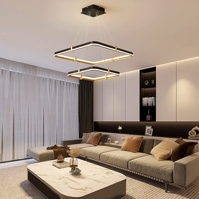2 Square Rectangle Ring LED Chandelier,Modern Dimmable Pendant Light for Kitchen Island Living Room