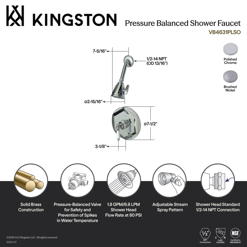 Kingston Brass Single-Handle Pressure Balanced Shower Faucet, Polished Brass