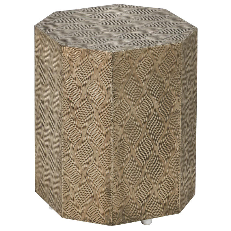 Amoli Accent Pedestal Embossed Metal Octagonal Accent Table with Leaf Pattern in Antique Gold Finish