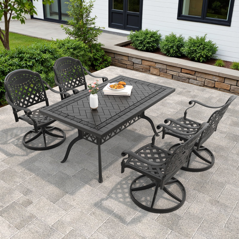Ensemble de salle à manger 5 pièces rectangulaire en fonte d'aluminium avec chaises pivotantes et coussins