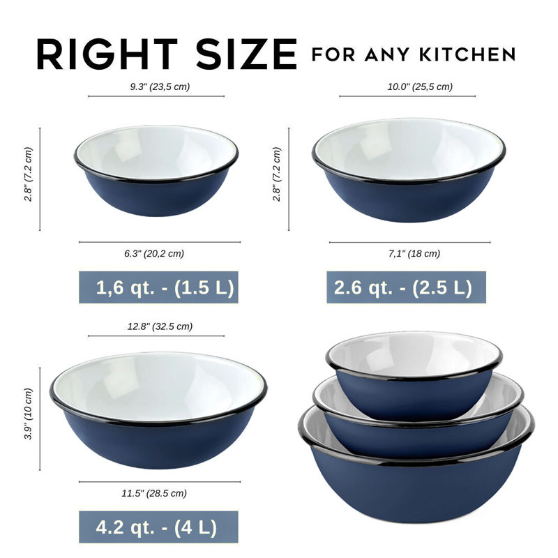 Ensemble de 3 bols en émail Farm Kitchen (1,5 L + 2,5 L + 4 L), Bleu