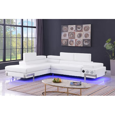 Ossett White Pu 2-piece Sectional With Led, Bluetooth And Adjustable Headrests