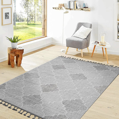Area Rug, Guros Collection White / Grey / Trellis Indoor / Outdoor