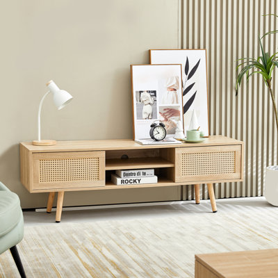 Meuble télé 56,5 po, pieds en bois massif, portes coulissantes doubles, tablette ajustable pour espace de vie avec armoire, longueur, pièce