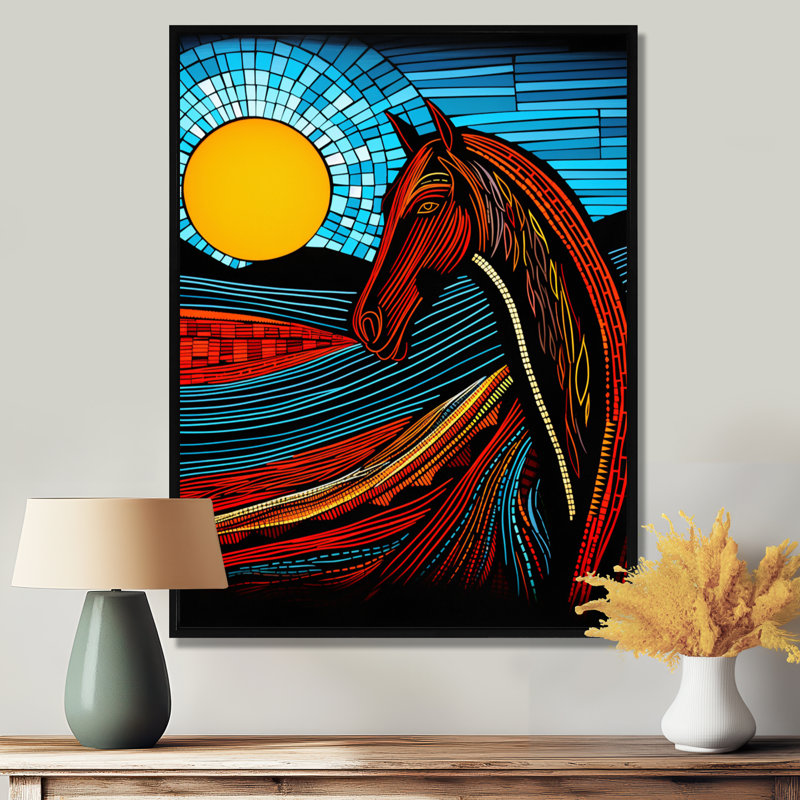 Pleine lune cheval abstrait, art mural cheval, H 20 po x l 12 po, Toile flottante noire encadrée