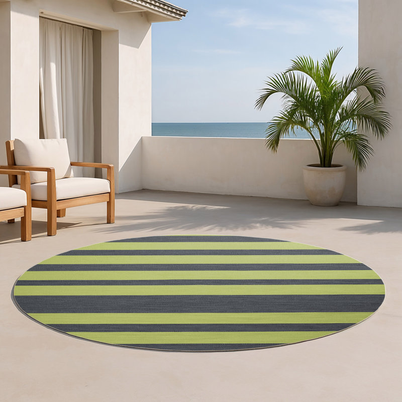 Tapis intérieur / extérieur vert HorizontalStripes, Rond 5 pi