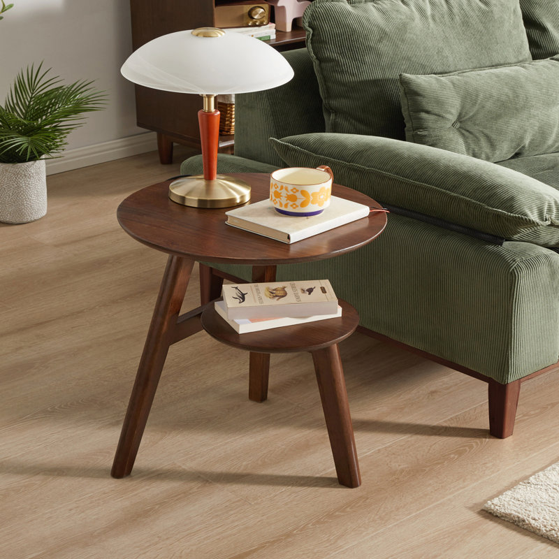 Table d'appoint 100% bois massif à 2 niveaux avec tablette de rangement inférieure, parfaite pour le salon et le chevet, durable et élégante