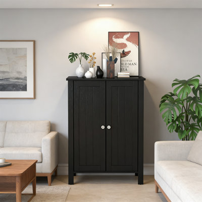 Black Wooden Bathroom Storage Cabinet With Double Door And Adjustable Shelf, 3-Tier