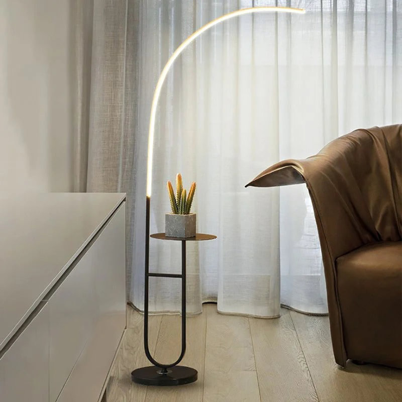 Crescenté Arc Floor Lamp With Remote Dimmable Led Adjustable Colour Temperature Black Marble Base & White Tray Modern Home Lighting