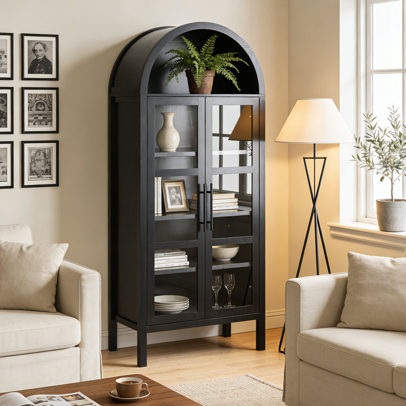 72 Inch Tall Rustic Arched Cabinet Display Cabinet, Wood Kitchen Pantry Cupboard, 2 Arched Glass Doors,  With Storage And Adjustable Shelves For Dining Room, Living Room