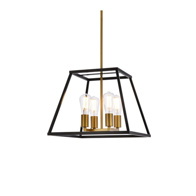 Gloriajean 4 - Light Dimmable Lantern Linear Chandelier, Black/Brass, 12.6" H x 16" W x 16" D
