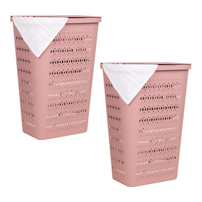 Paniers à linge étroits et coniques avec couvercle, paniers à linge ajourés en forme de croix suisse, légers et aérés, en plastique, lot de 2, roses