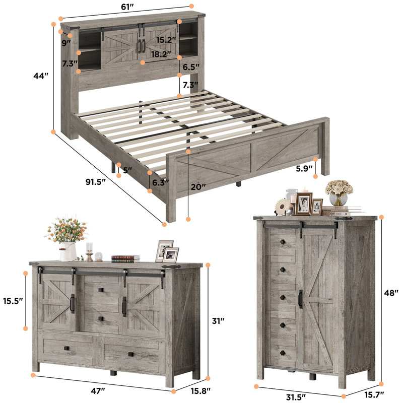 Ensemble de chambre à coucher de style maison de campagne 3 pièces, cadre de lit bibliothèque grand format, commode 5 tiroirs, commode 4 tiroirs, gris