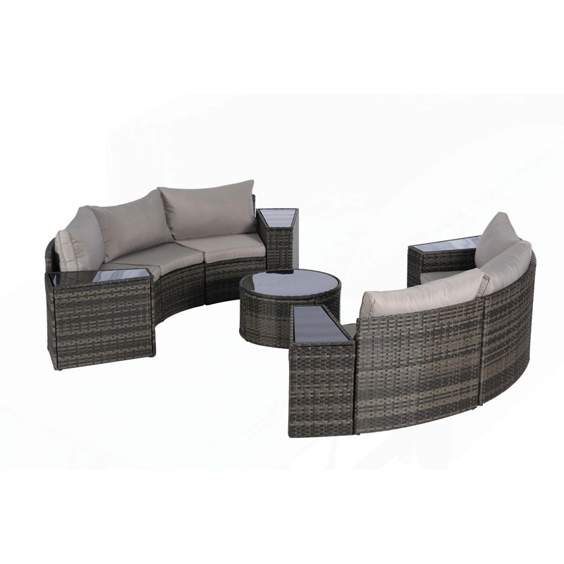 Outstanding Half-Moon Patio Furniture Set with Tempered Glass Table for Outdoor Enjoyment, Light Gray