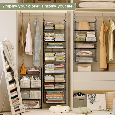 8 Tier Widened Hanging Closet Organizer and Storage Shelves, Metal & Foldable Hanging Clothing Organizer Baskets with Adjustable Dividers for Sweaters Shoes Handbags,Black (L11.81"xW16.14"xH15.35")