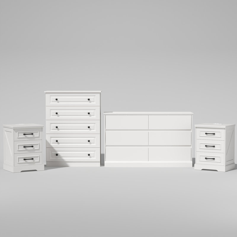 Ensemble de chambre à coucher 4 pièces, commode double 6 tiroirs l 47,2 po et table de chevet 5 tiroirs l 29,5 po avec station de charge