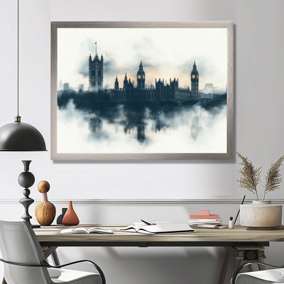 Vue de Londres par un matin brumeux, en noir et orange - Tableau encadré représentant un paysage urbain