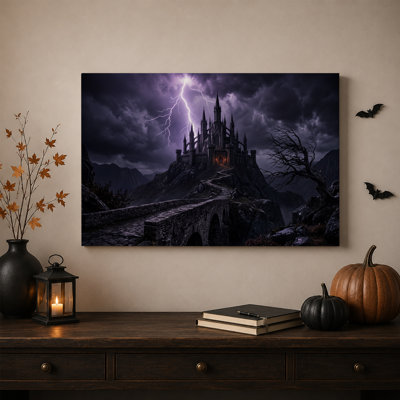 Château gothique sur colline avec éclairs violets et toile murale d'Halloween
