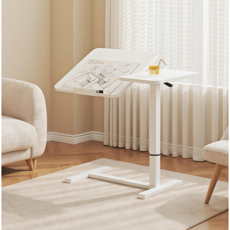 Bureau de chevet au-dessus du lit, support mobile pour ordinateur portable, table de lit inclinable avec roulettes, table de chevet à plateau réglable en hauteur pour canapé de lit pour ordinateur portable, blanc