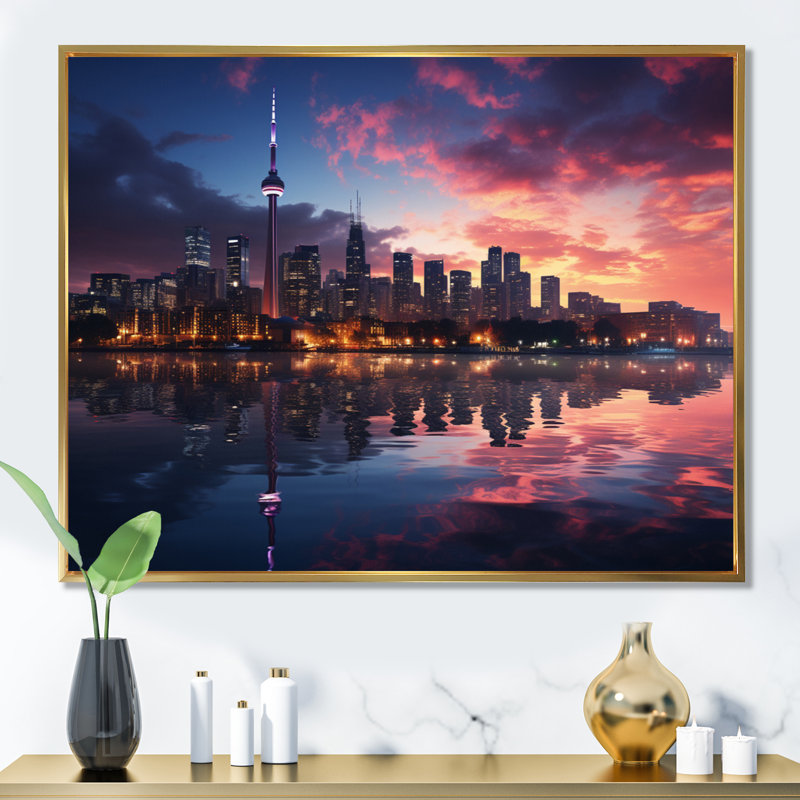 Toronto Canada Cityscape - Nautical & Beach Wall Art Living Room, H 34 po x l 44 po x P 1,5 po, Cadre flottant doré