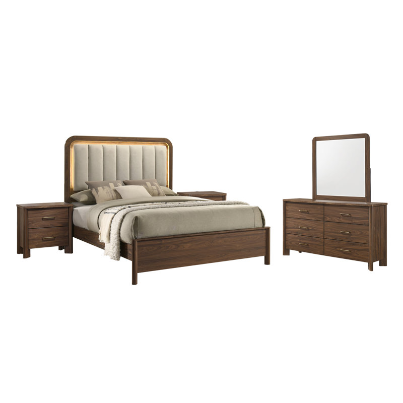 Ensemble de chambre à coucher 5 pièces Mid-Century Modern, 5 Pcs: Bed, 2 Nightstands, Dresser, Mirror, Queen