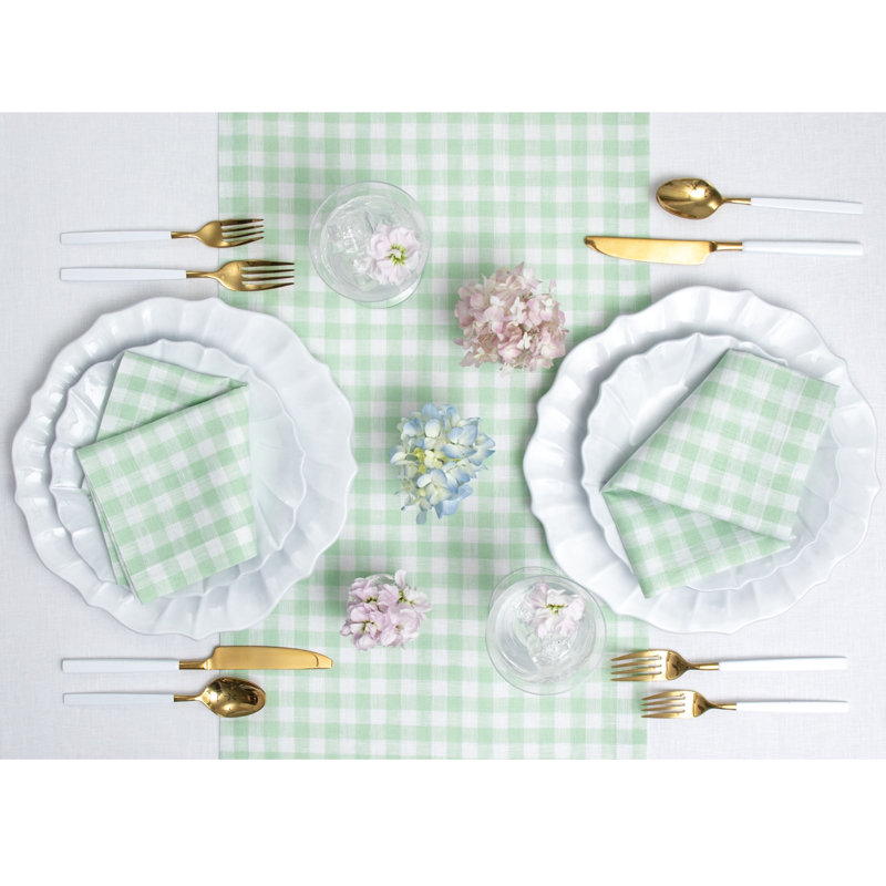 Gingham Checks - 100% Pure Linen Table Runner, 120" x 14", Celadon
