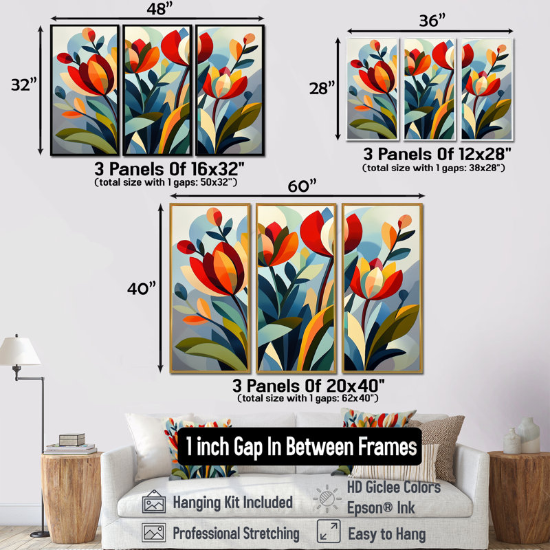 «Green Mid Century Mod Nature Tulip V», ensemble d'art mural abstrait Mid-Century, Toile avec cadre flottant or