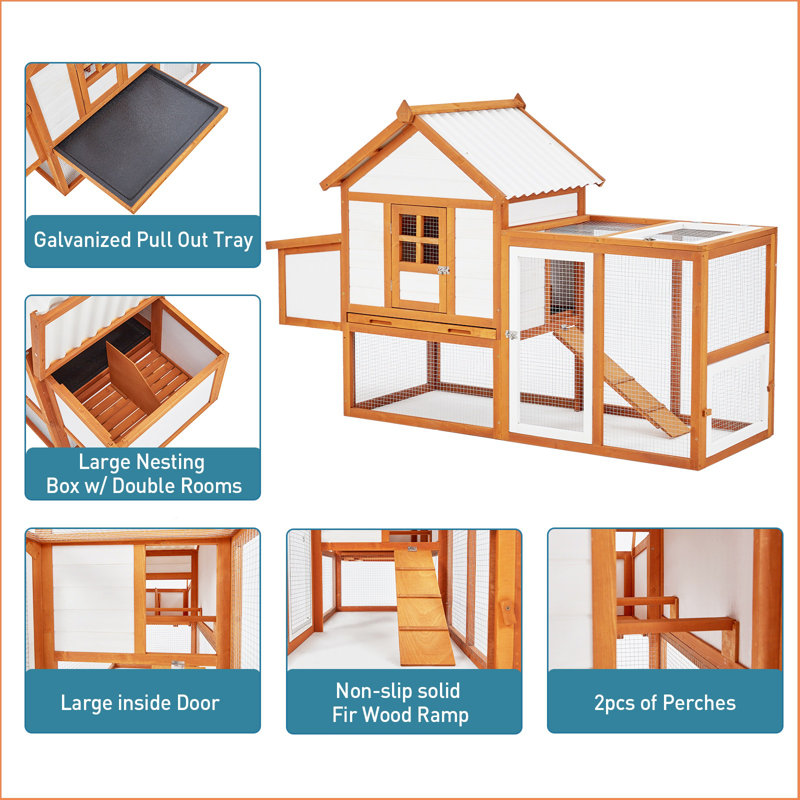 Outdoor Chicken Coop Portable Outdoor Rabbit Hutch, Nesting Box  Wooden Hen House With Run, Poultry Cage W/ramps, Nesting Box, 5 Access Areas, Wire Fence, Removable Bottom For Easy Cleaning