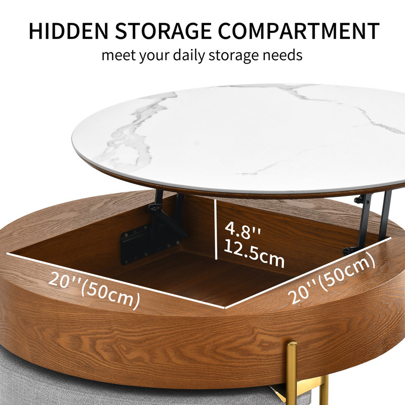 Kreitman Round Faux Marble Lift-Top Coffee Table Set With 3 Stools And Storage