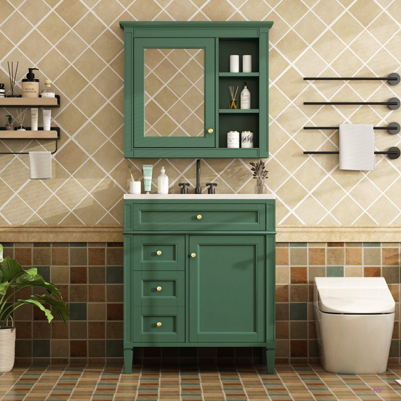 Ensemble de meuble-lavabo autoportant 30 po avec lavabo supérieur, meuble-lavabo moderne avec 2 tiroirs et un tiroir basculant, meuble-lavabo autoportant avec miroir et meuble-lavabo simple